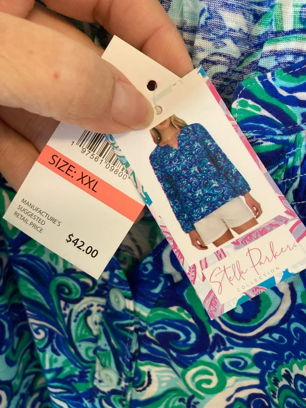 Printed Peasant Blouse in Blue & Green Swirl - Picture 3 of 8
